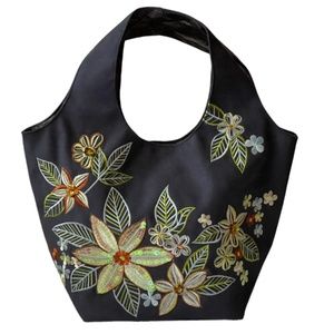 Blue Suede Bucket Tote with Floral Embroidery and Beading